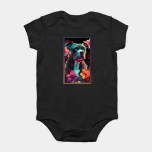 American Staffordshire Terrier Pitbull Vibrant Tropical Flower Tall Digital Oil Painting Portrait  6 Baby Bodysuit